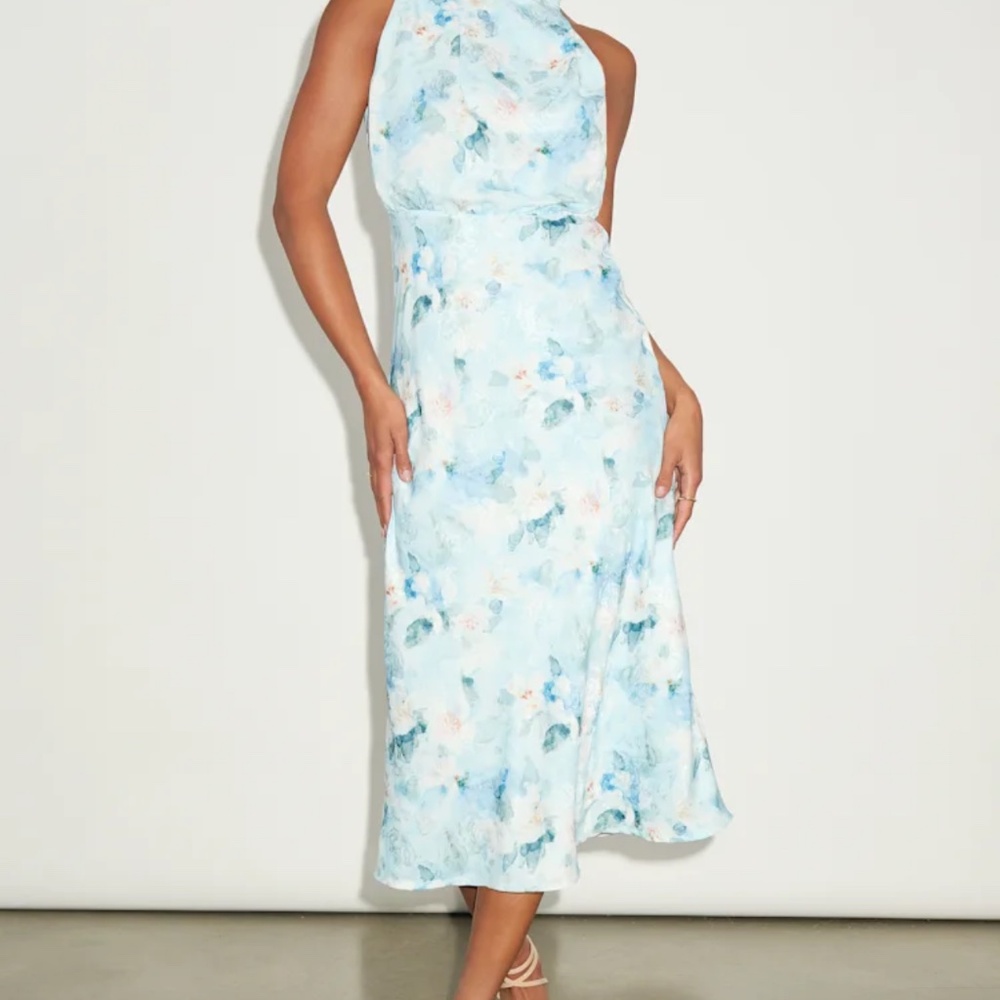 Lulus Distinctive Charm Blue Floral Satin Asymmetrical Midi Dress - Size L - Picture 2 of 5